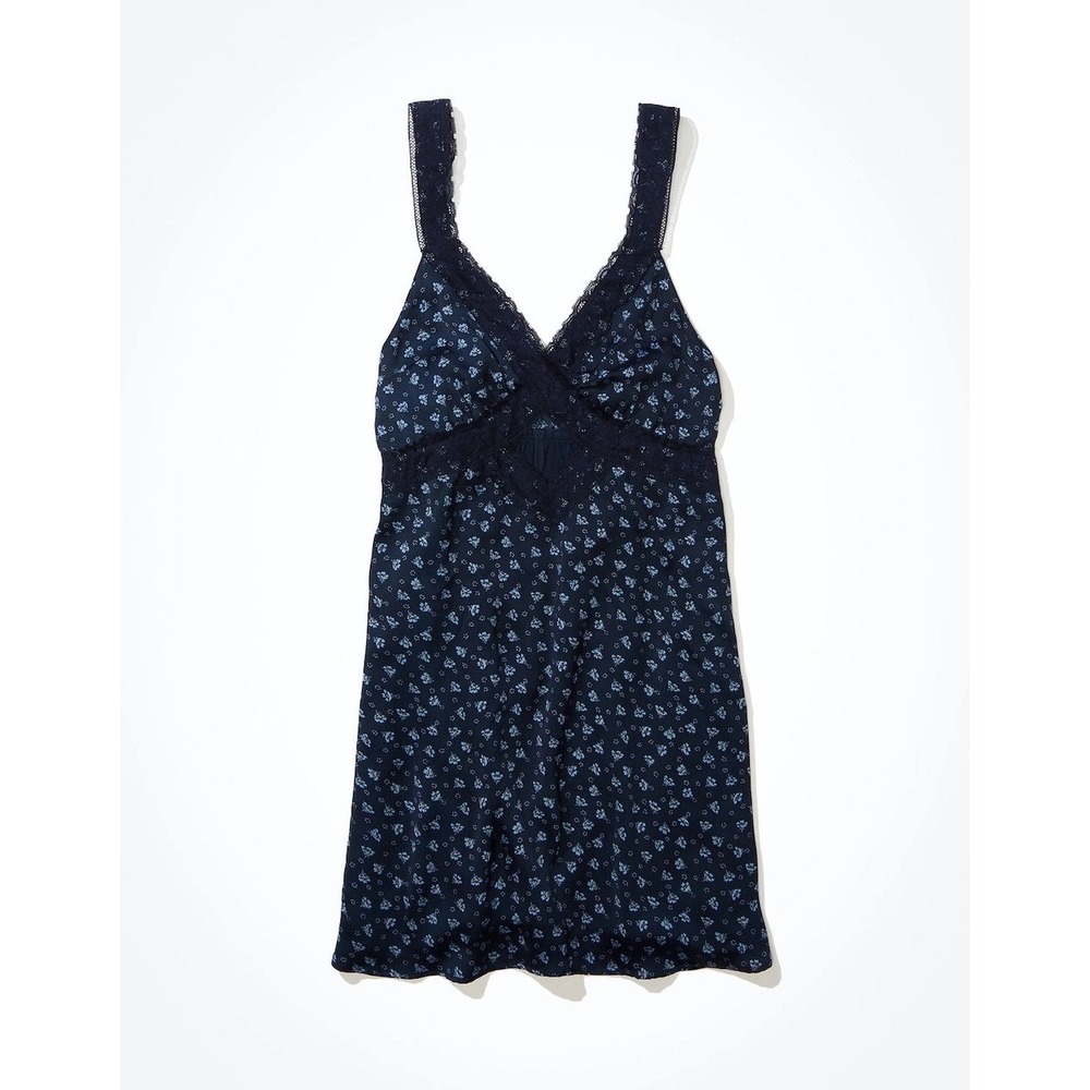 American Eagle Silky Navy Blue Floral Lace Babydoll Sleeveless Mini Dress XL